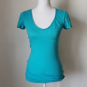 Teal V Neck T Shirt, Slightly Distressed Look